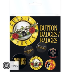 Guns N Roses - Button Badges Lyrics And Logos 6 pack i gruppen MERCHANDISE / Merch / Hårdrock hos Bengans Skivbutik AB (1251954)