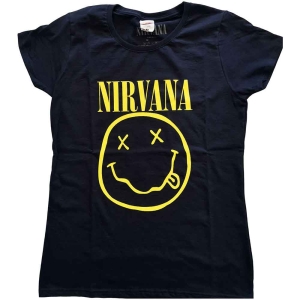 Nirvana - Yellow Happy Face Lady Navy i gruppen MERCHANDISE / T-shirt / Pop-Rock hos Bengans Skivbutik AB (5546461r)