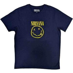 Nirvana - Yellow Happy Face Uni Navy  i gruppen MERCHANDISE / T-shirt / Pop-Rock hos Bengans Skivbutik AB (5546464r)