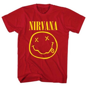 Nirvana - Yellow Happy Face Uni Red  i gruppen MERCHANDISE / T-shirt / Pop-Rock hos Bengans Skivbutik AB (5546467r)