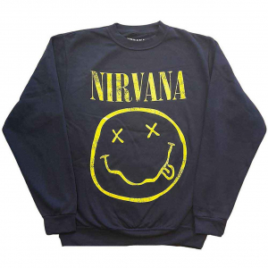 Nirvana - Yellow Happy Face Navy Sweatshirt i gruppen MERCHANDISE / Sweatshirt / Pop-Rock hos Bengans Skivbutik AB (5553906r)